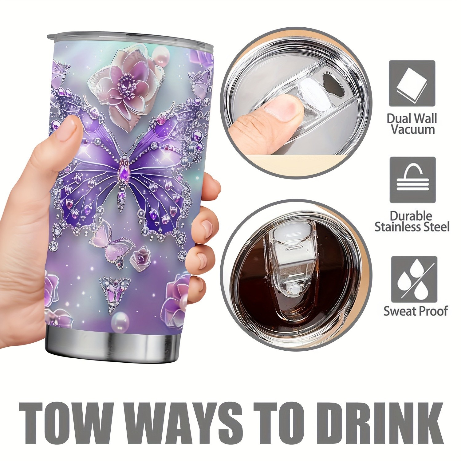 1pc 20oz Tumbler for Cafe  Butterfly Funny Print Mug Tumbler, Travel Tumbler for Wedding and Birthday Gifts for Mom, Coworker, Eid Al-Adha Mubarak
