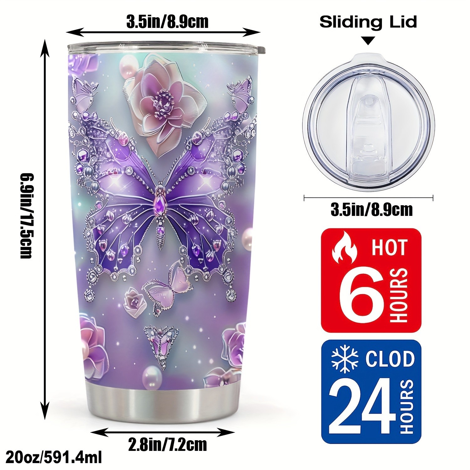 1pc 20oz Tumbler for Cafe  Butterfly Funny Print Mug Tumbler, Travel Tumbler for Wedding and Birthday Gifts for Mom, Coworker, Eid Al-Adha Mubarak