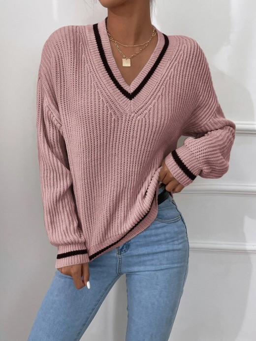 Cable Knit V Neck Sweaters Casual Long Sleeve Striped Pullover Sweater Winter Women's Clothes