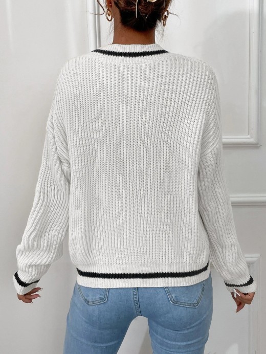 Cable Knit V Neck Sweaters Casual Long Sleeve Striped Pullover Sweater Winter Women's Clothes