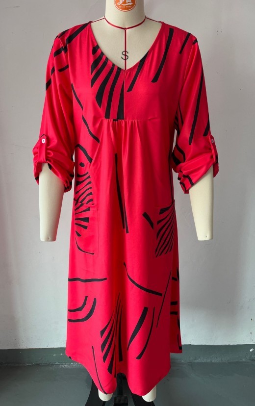 V Neck Long Sleeve Dress Casual Loose Straight Dress