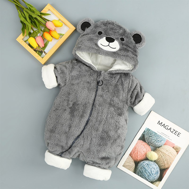 Cuddly Bear Hooded Onesies for Toddlers in Cream and Grey