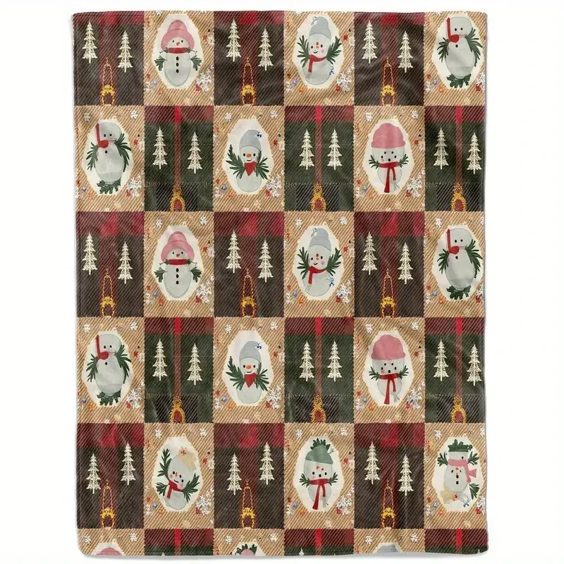 Cozy Festive Plaid Throw Blanket with Snowman & Christmas Tree Design - Soft