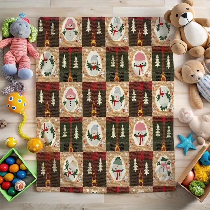 Cozy Festive Plaid Throw Blanket with Snowman & Christmas Tree Design - Soft