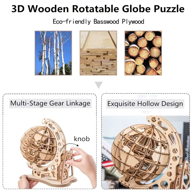 3D DIY Wooden Globe Puzzle - Mechanical Drive Model Kit