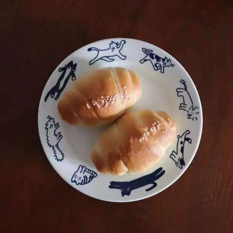 Ins Retro Kitten Blue Breakfast Ceramic Plate Dessert Plate Western Dinner Plate Lovely Girl Heart French