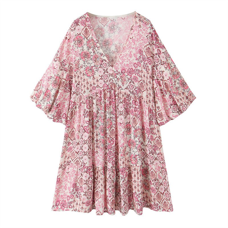 Floral Print Puff Sleeves Printed Dress