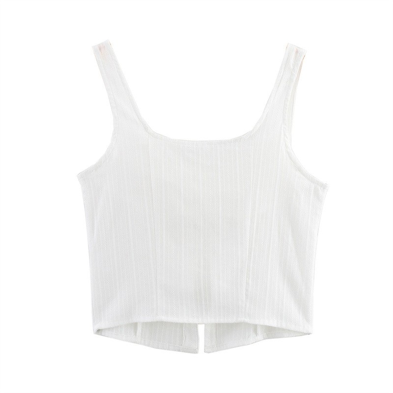 American Style Trendy Solid Color White Strap Top With Rope Sleeveless Short