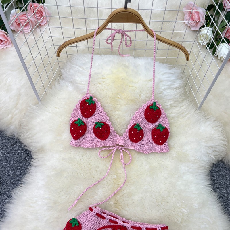 Vacation Style Sweet Knitted Strawberry Sling Tube Top Short Vest Hip Skirt