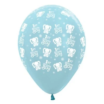 30cm 1st Birthday Boy Elephants Blue Pearl Satin - Pack of 25