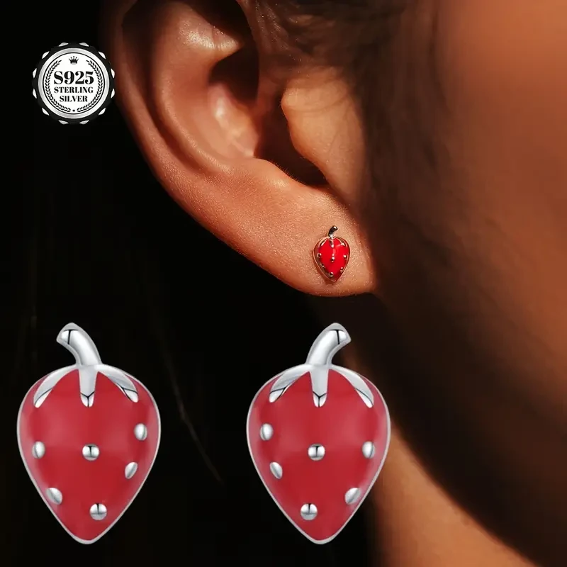 2pcs Womens Fashion Earrings S925 Silver Cute Strawberry Studs  Sweet and Elegant Womens Earrings