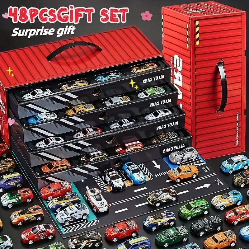 Description: 48pcs Simulation Racing Car, Gift Box Collector's Edition with Map, Parking Lot, Track, and Four-Story Parking Lot - Interactive Toys for Youngsters' Day and Holiday Gifts