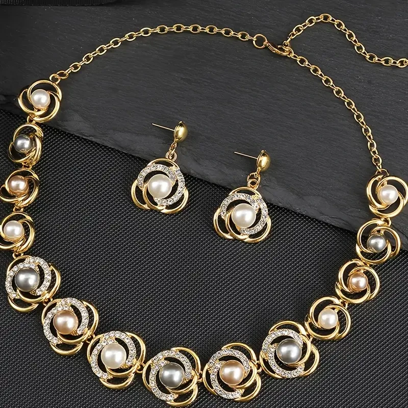 Elegant Geometric Faux Pearl & Rhinestone Jewelry Set