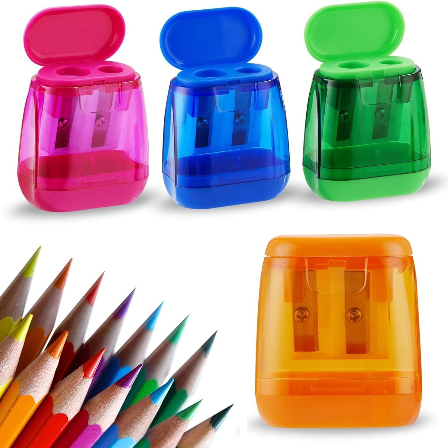Green Bucket Transparent Plastic Lid Double Hole Pencil Sharpener