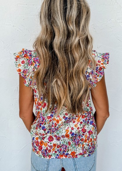 Rose Red Floral Square Neck Flutter Tank Top