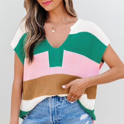 Multicolour Color Block Notch V Neck Sweater T Shirt