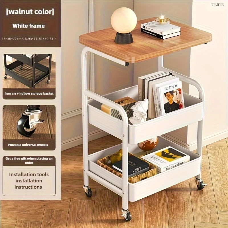 Three-Tier Rolling Storage Cart with Desktop & Snack Rack