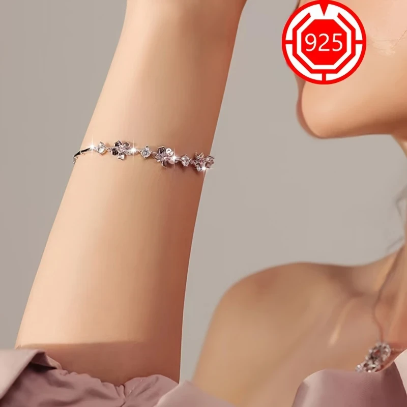 925 Sterling Silver Pink Flower Bracelet  Elegant Floral Design with Pink Crystals