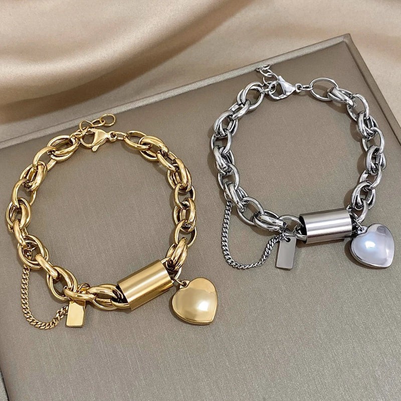 New Stainless Steel Peach Heart Cuban Link Chain Bracelet Suit