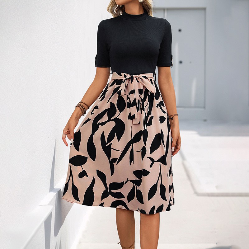 Printed AB Stitching Short Sleeve Lace-up A- Line Skirt
