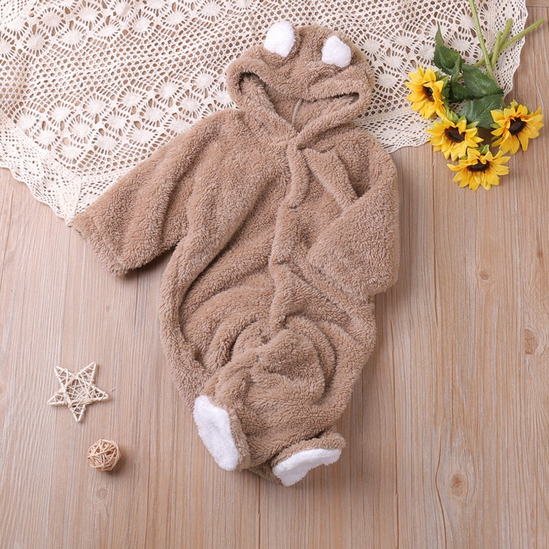 Autumn And Winter Coral Fleece Hood Long-sleeved Romper Toddler Cute Warm Jumpsuit