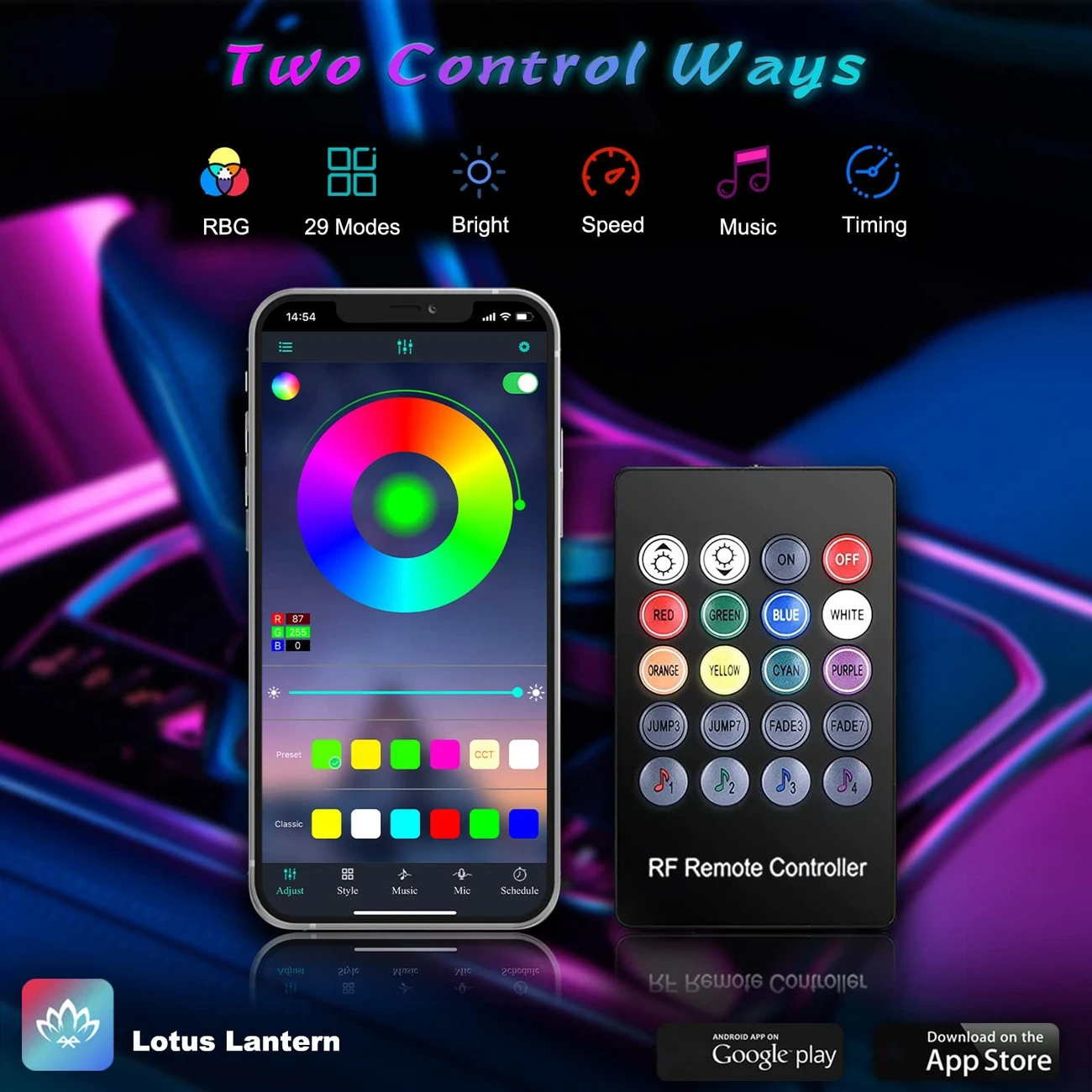 Interior Car LED Strip Lights with Wireless APP and Remote Control