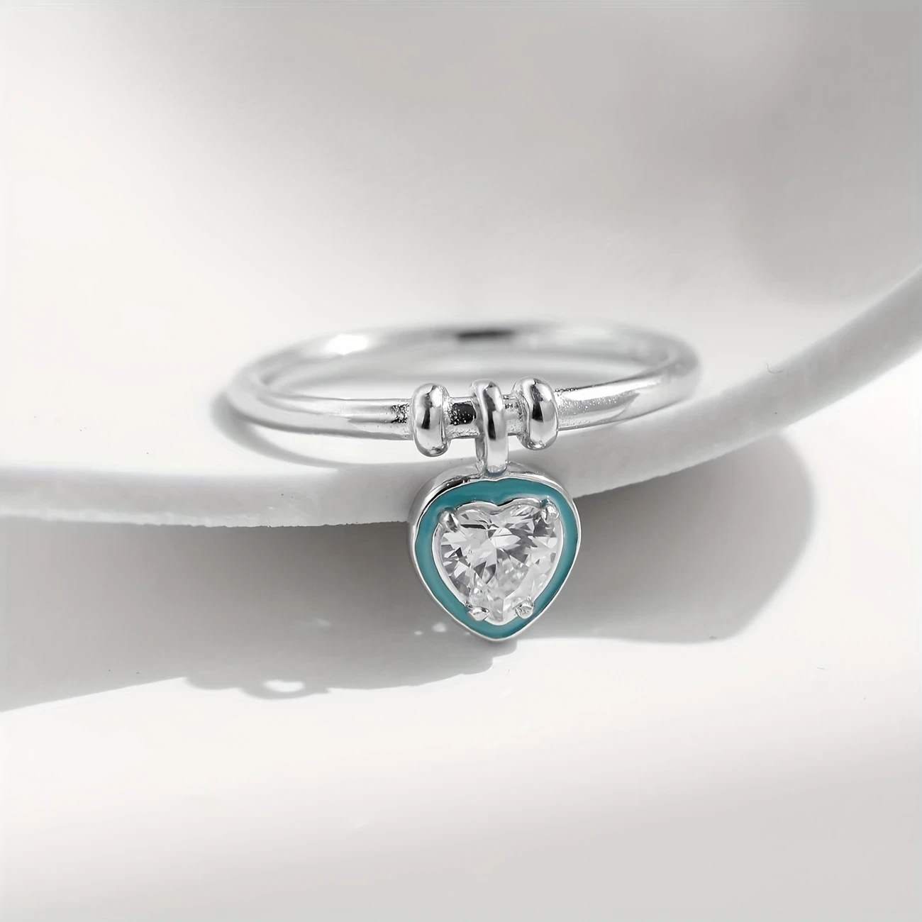 925 Sterling Silver Green Enamel Sweet Romantic Heart Love Charm Ring for Women - Daily Accessories Jewelry