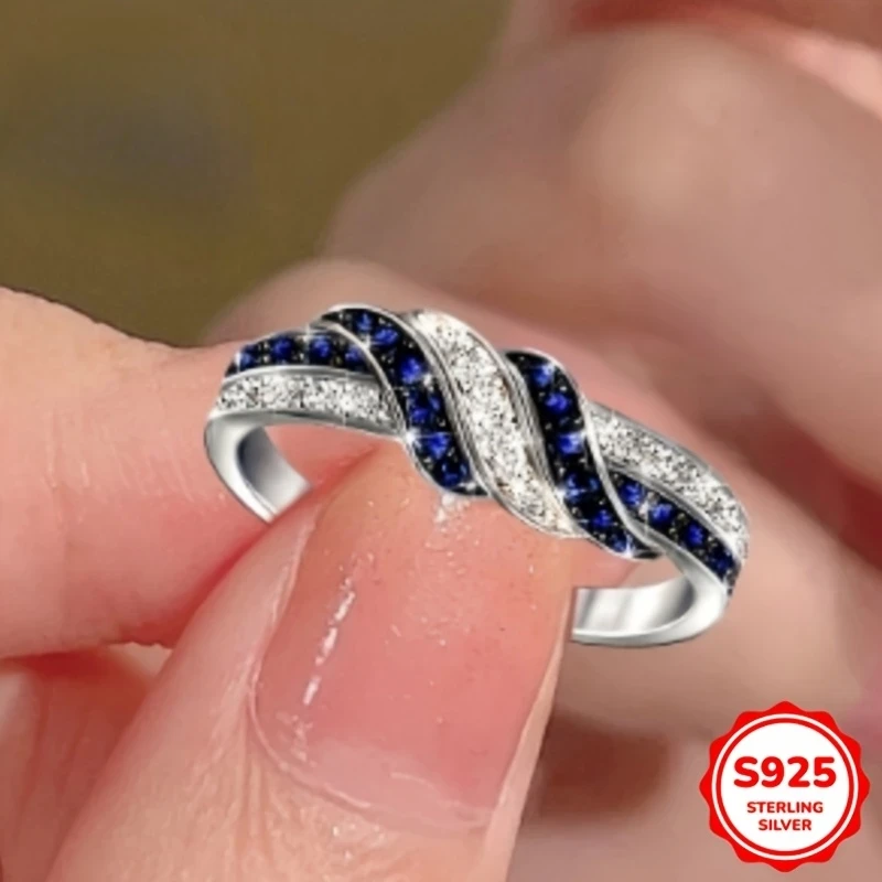 Elegant Twisted Infinity Love Ring for Women  925 Sterling Silvery with Sparkling Blue Cubic Zirconia