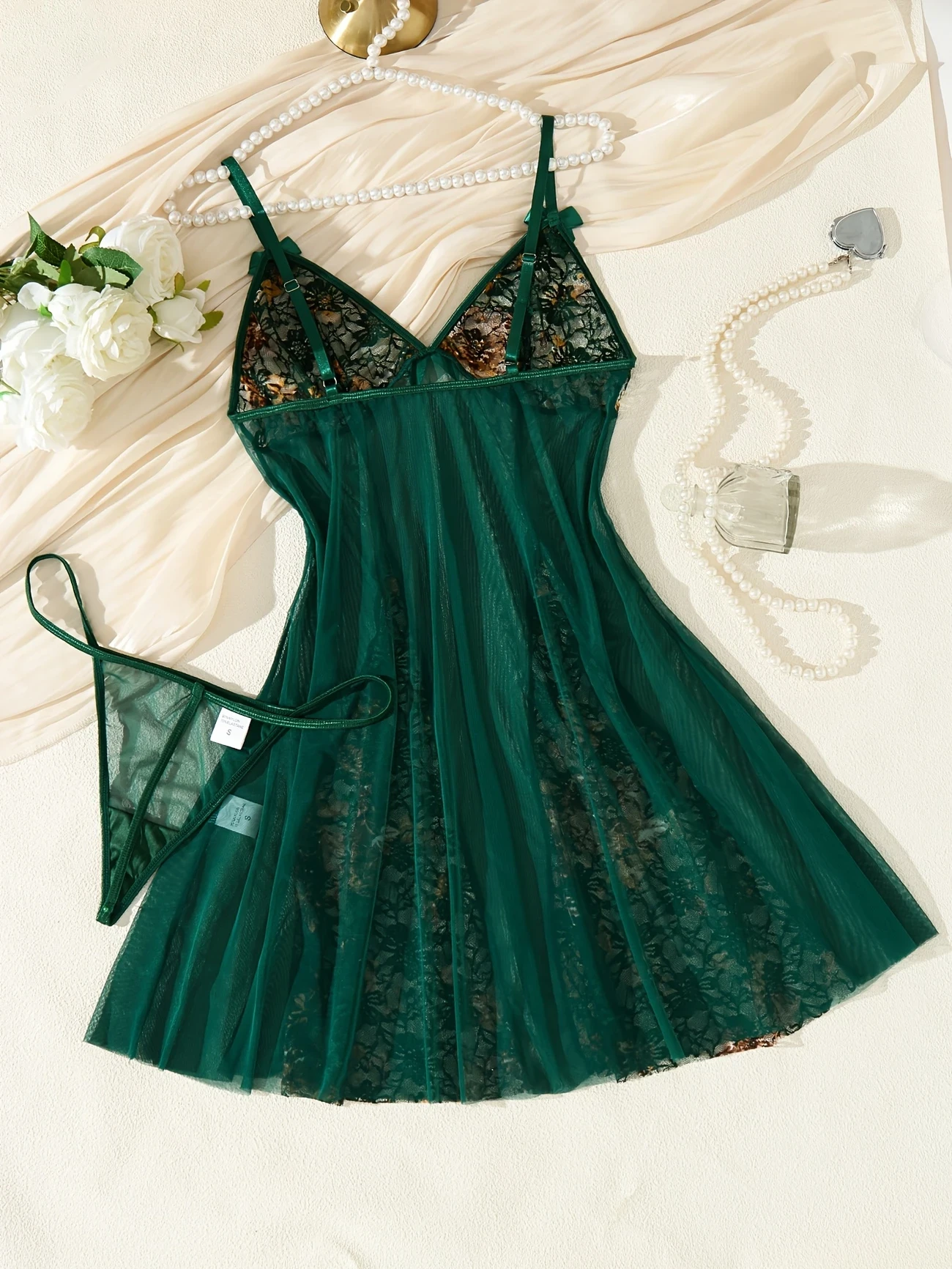 Sheer Nightgown with Sexy Embroidered Floral Designs and a Bow Elegant Lingerie for Women
