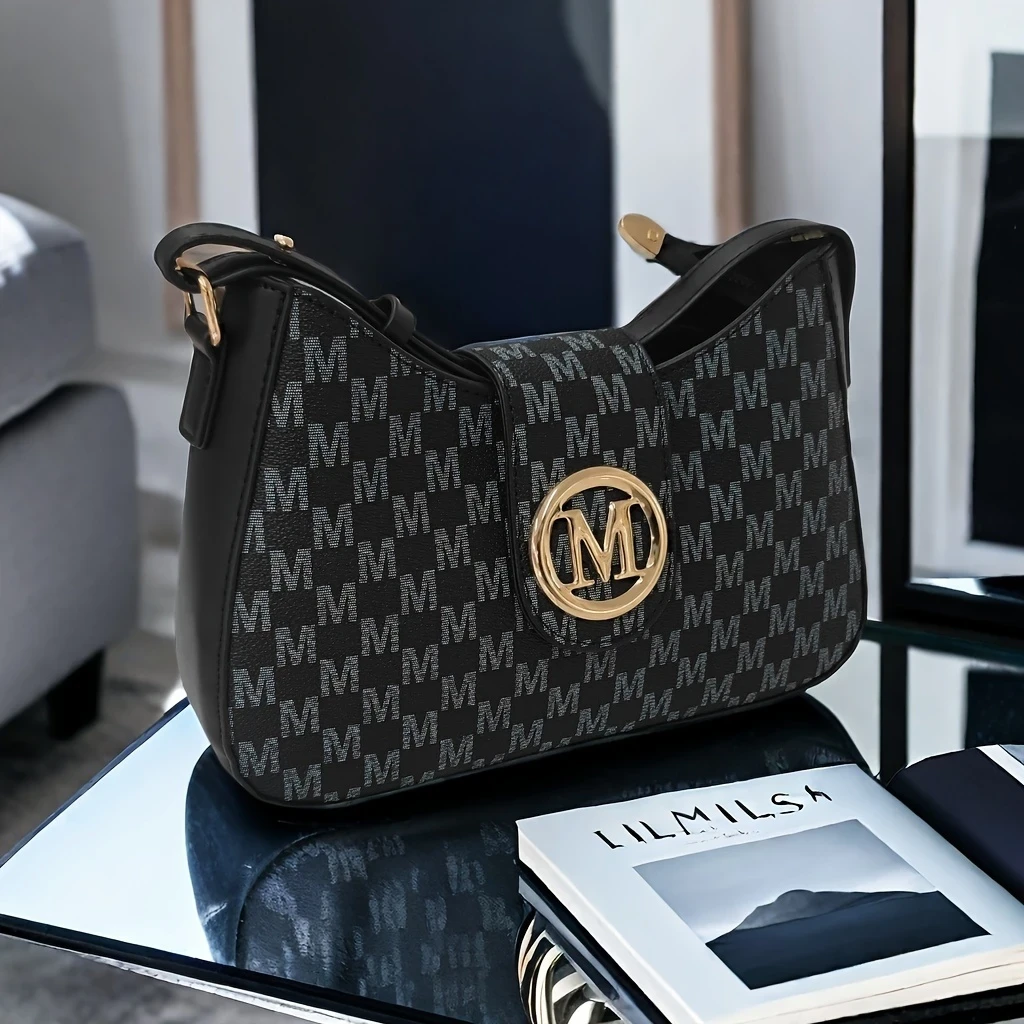Chic M-Print Womens Crossbody Bag Sleek Black with Golden-Tone Clasp, Zipper Closure & Polyester Lining