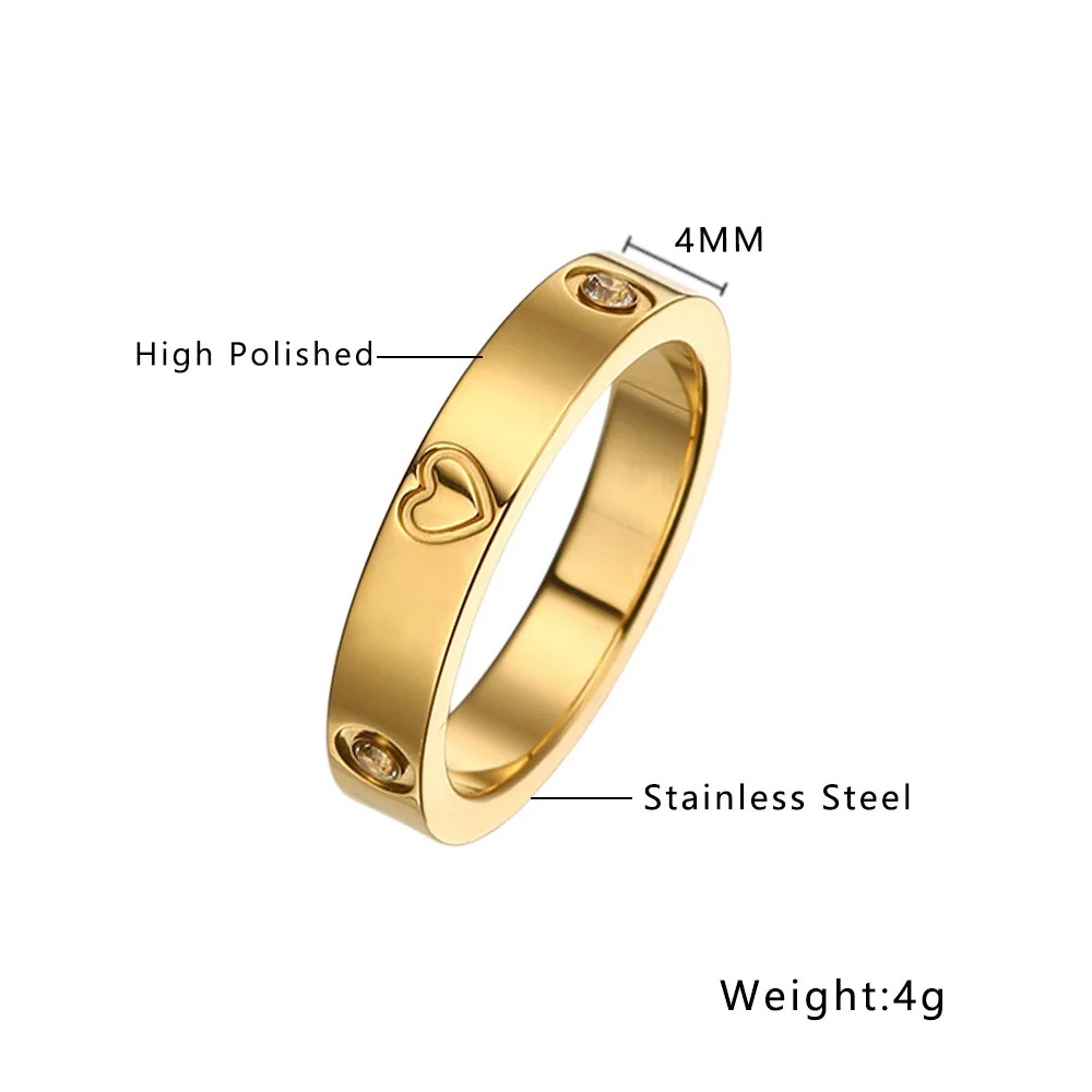 CZ Zircon Love Heart Engraved Stainless Steel Ring for Women
