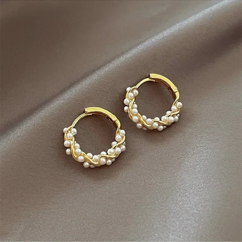 French Imitation Pearl Hoop Earrings