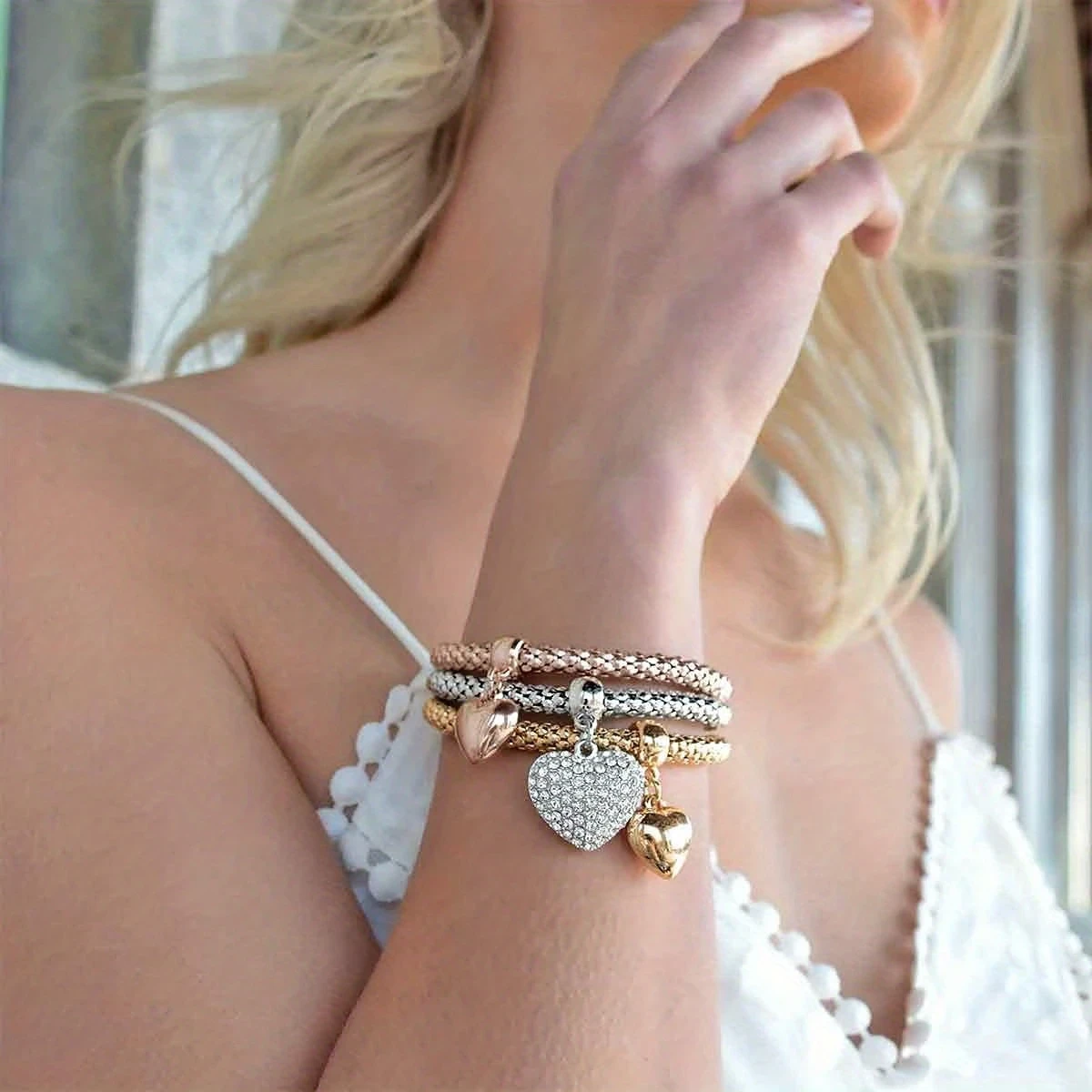 3pcs/Set Alloy Heart Theme Tree Of Life Silvery Rose Corn Chain Bracelets  Vintage Boho Charm with Elastic Comfort