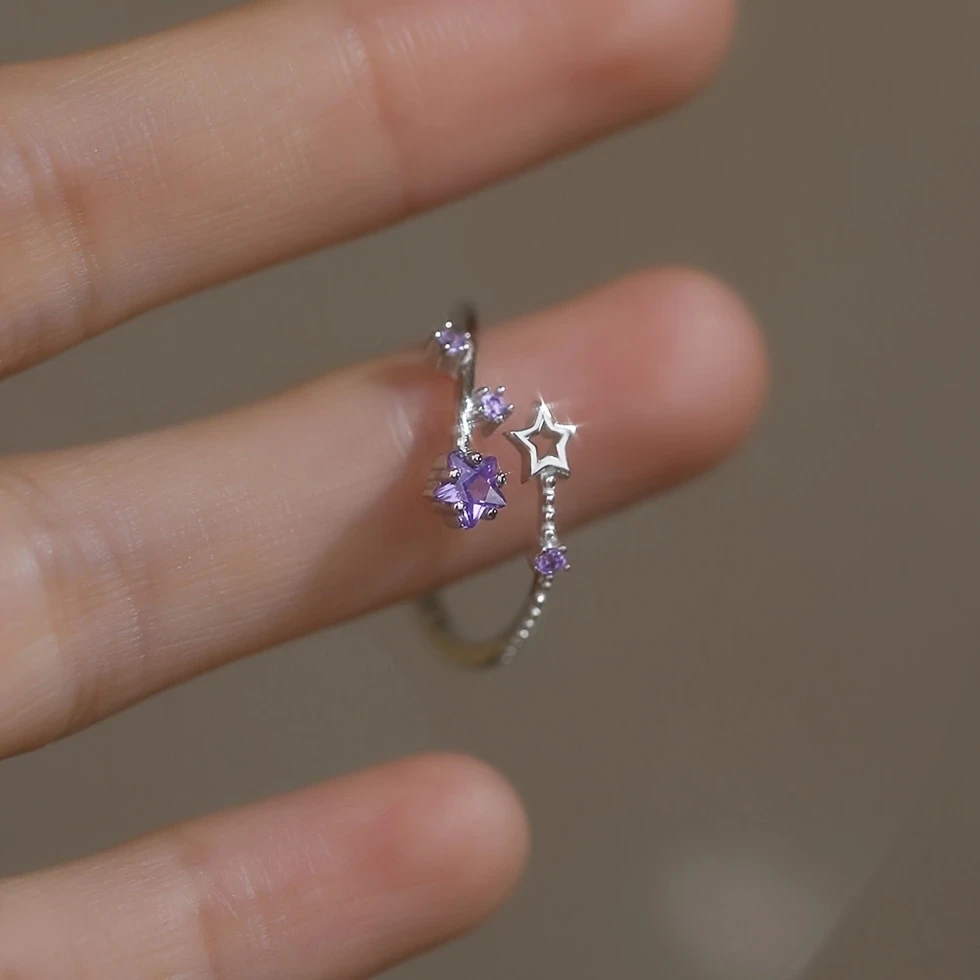 Elegant Adjustable Star Ring for Women  Silvery-Tone Copper Alloy with Purple Synthetic Zirconia