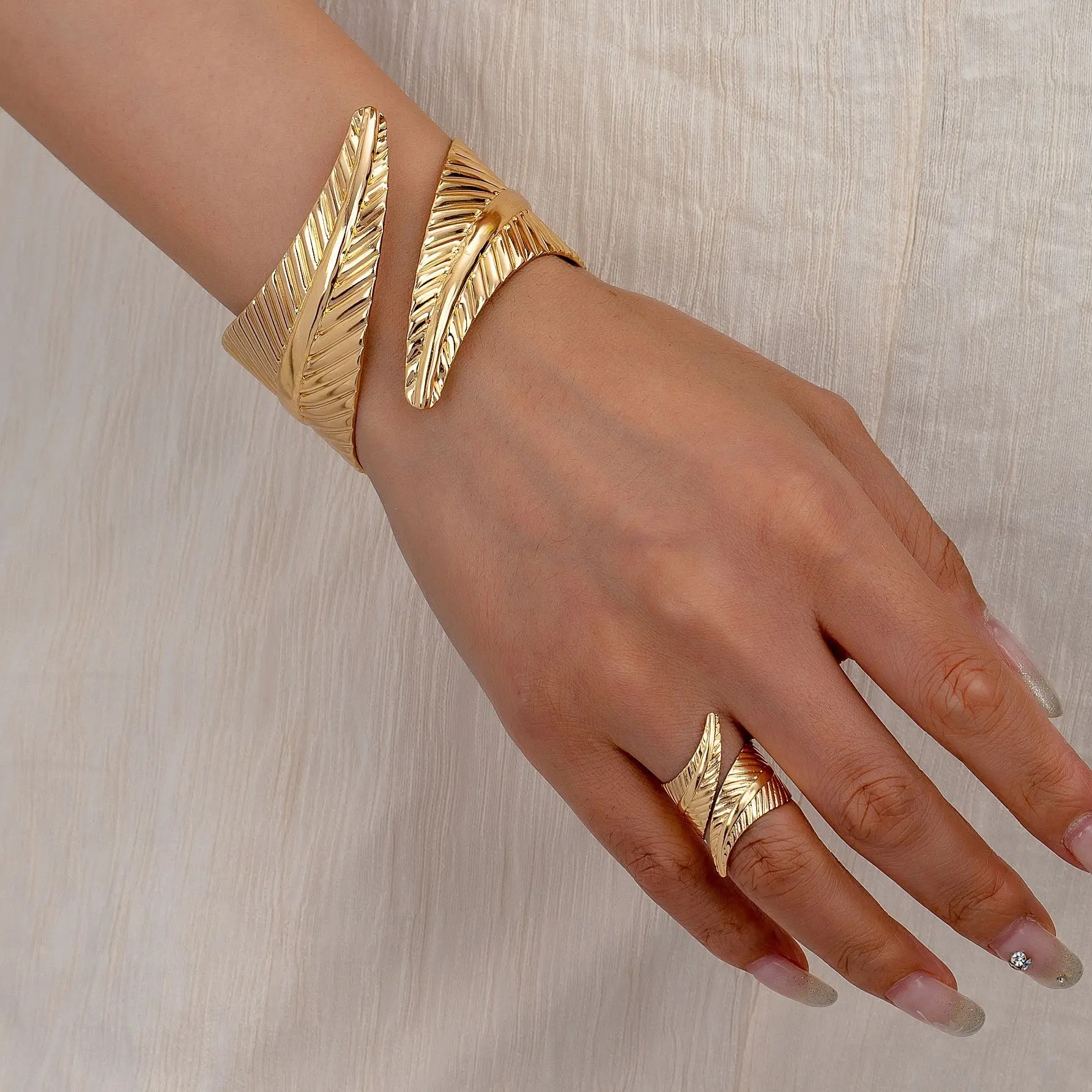 Geometric Crossing Leaves Cuff Bangles and Ring Set