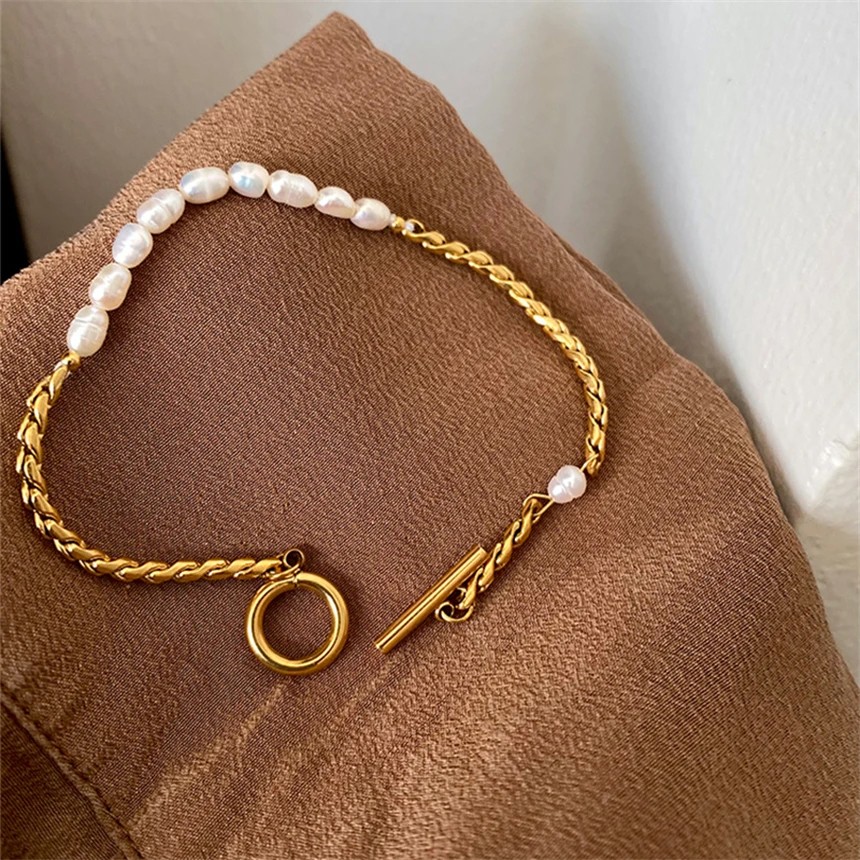 316L Stainless Steel Simplicity Vintage Irregular Shaped Imitate Pearl OT Buckle Chain Bracelets