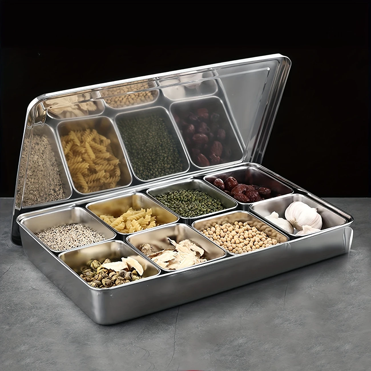 SHAON 8-Compartment Stainless Steel Spice Container with Lid & Spoon