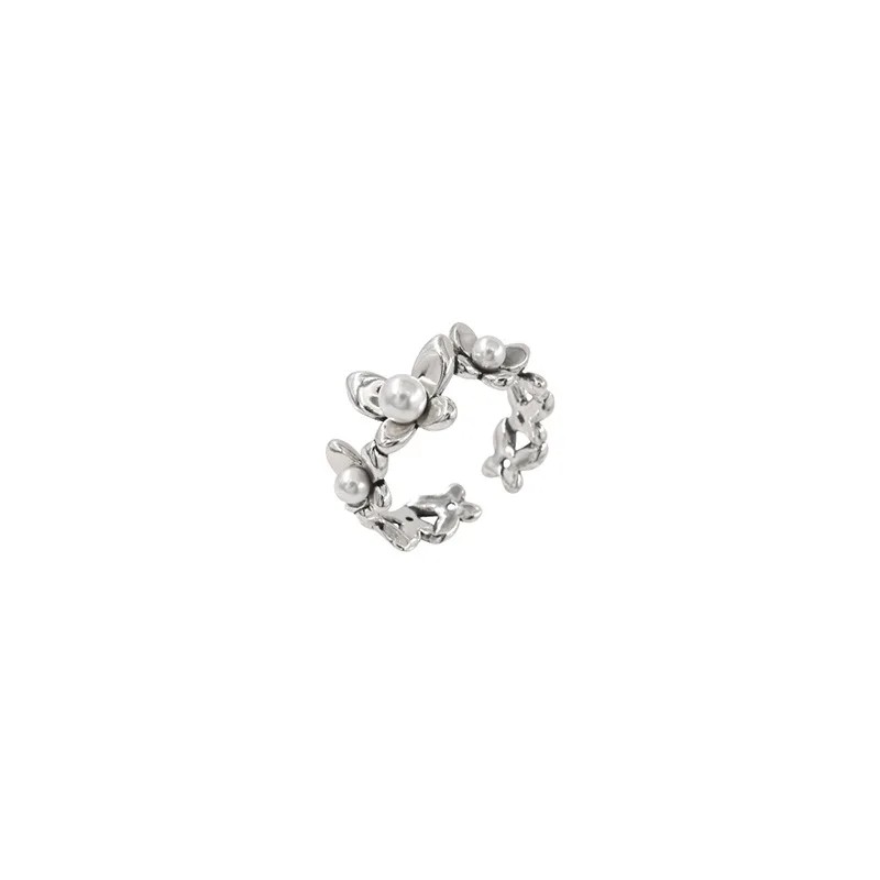Real 925 Sterling Silver Personality Flower Pearl Adjustable Retro Ring