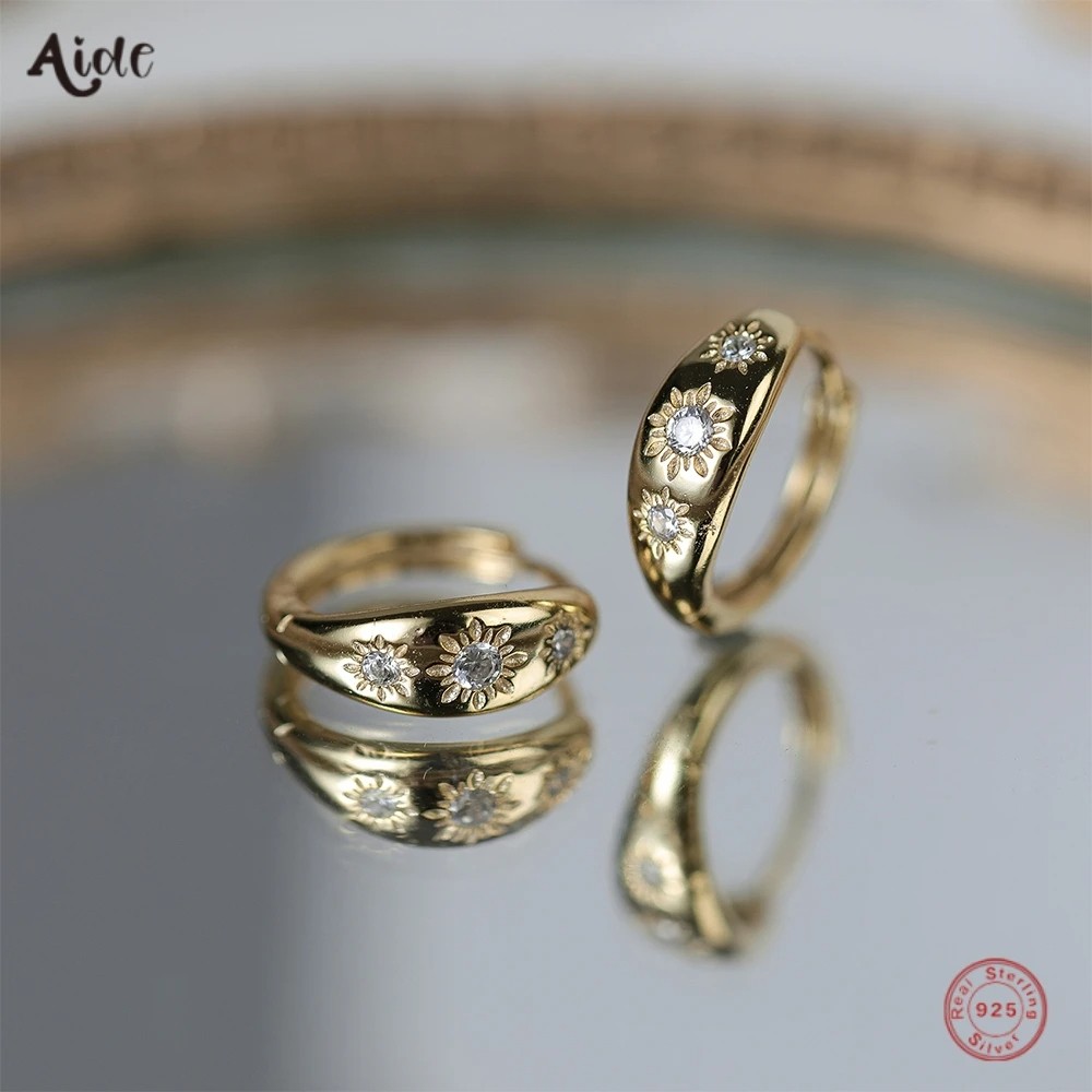 Aide 925 Sterling Silver Eight-Pointed Star Sturdy Gold Hoop Buckle Earrings for Women