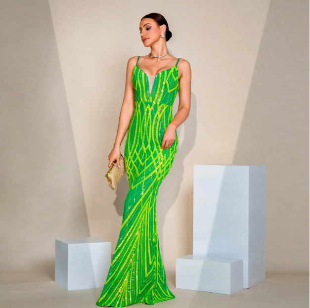 V-neck Strap Sequined Fishtail Evening Dress